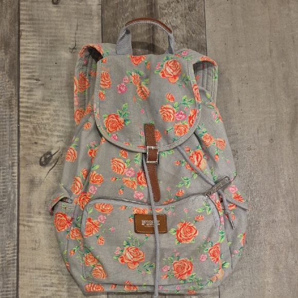 PINK Victoria's Secret Gray and Orange Floral Backpack - Picture 1 of 7